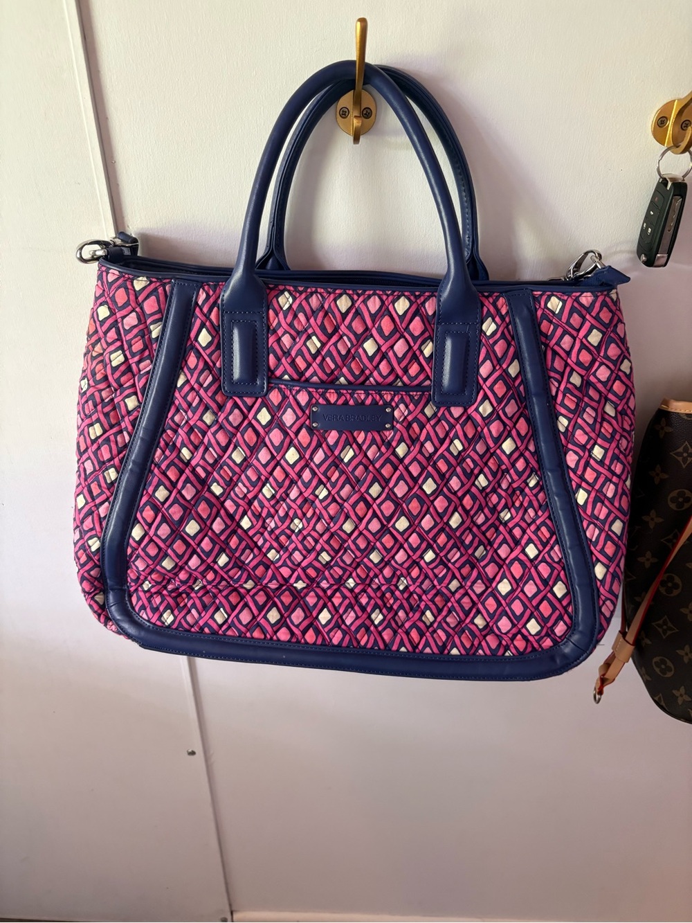 Vera Bradley Pink Geometric Quilted Tote with Navy Trim